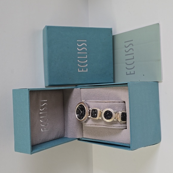 Ecclissi Accessories - Ecclissi Sterling Silver Quartz Watch Black Druzy Accents + Extra Links